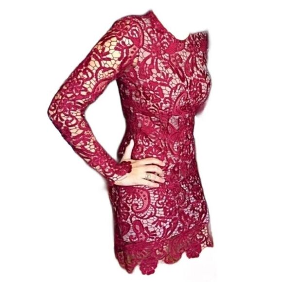 Olivaceous Crocheted Lace Burgundy Nude Cutout Back Zip Bodycon Mini Dress Sz M - Picture 1 of 11
